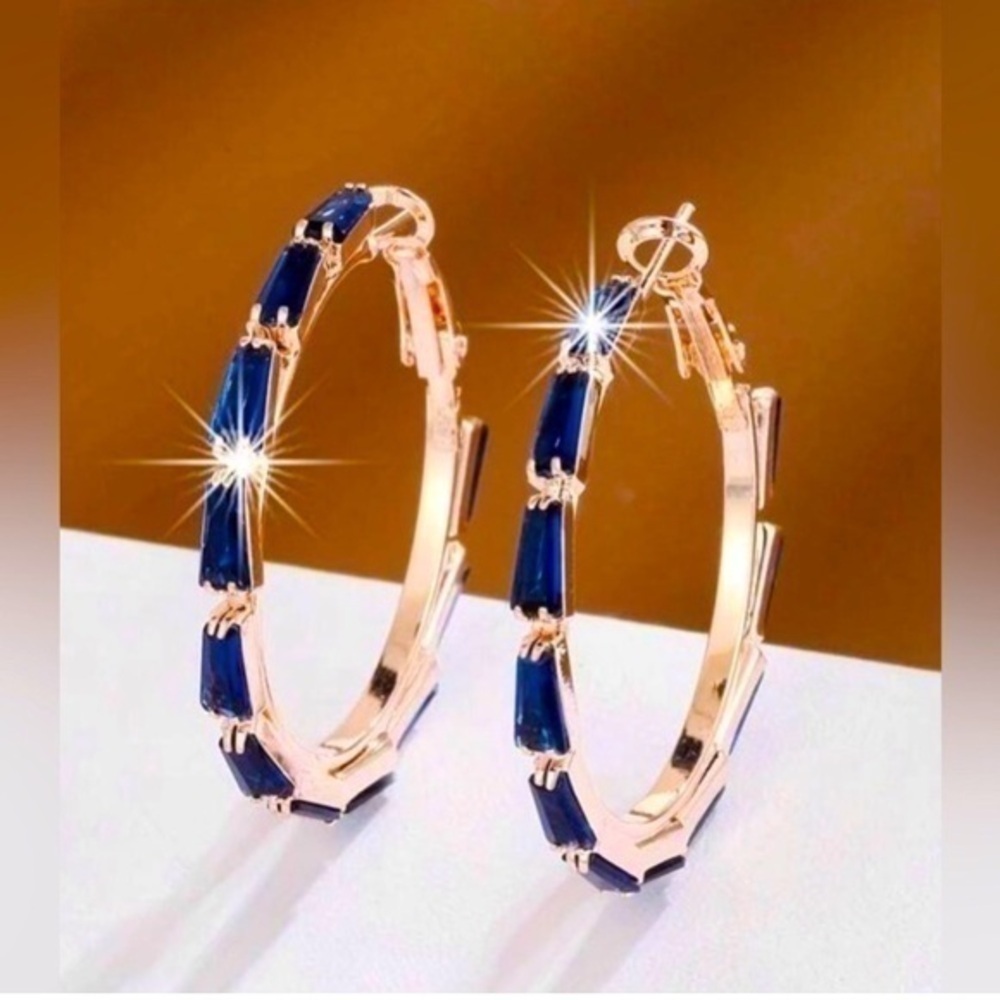 Rose Gold Dark Blue Spinel Hoop Earrings